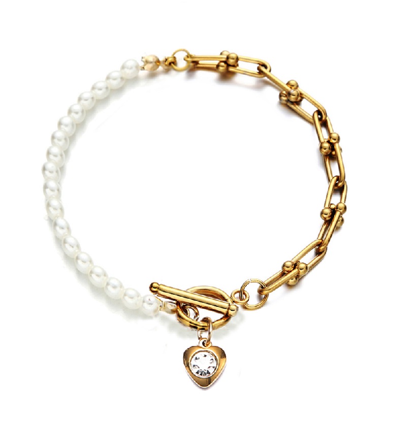 Crystal Heart Pearl Toggle Bracelet